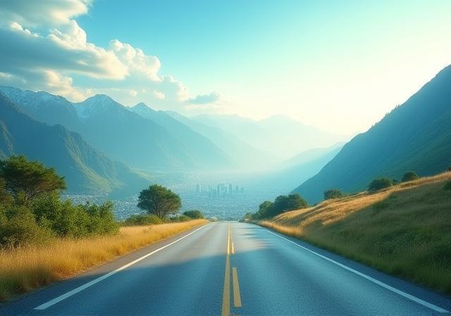 Scenic European road with mountains and city skyline in the background, representing adventure